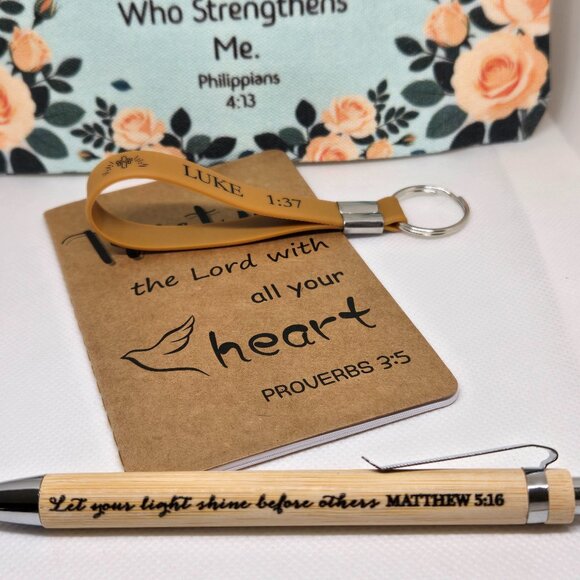 NEW INSPIRATIONAL FAITH CANVAS POUCH, NOTEPAD, PEN, BOOKMARK & KEYCHAIN GIFT SET - Picture 6 of 10
